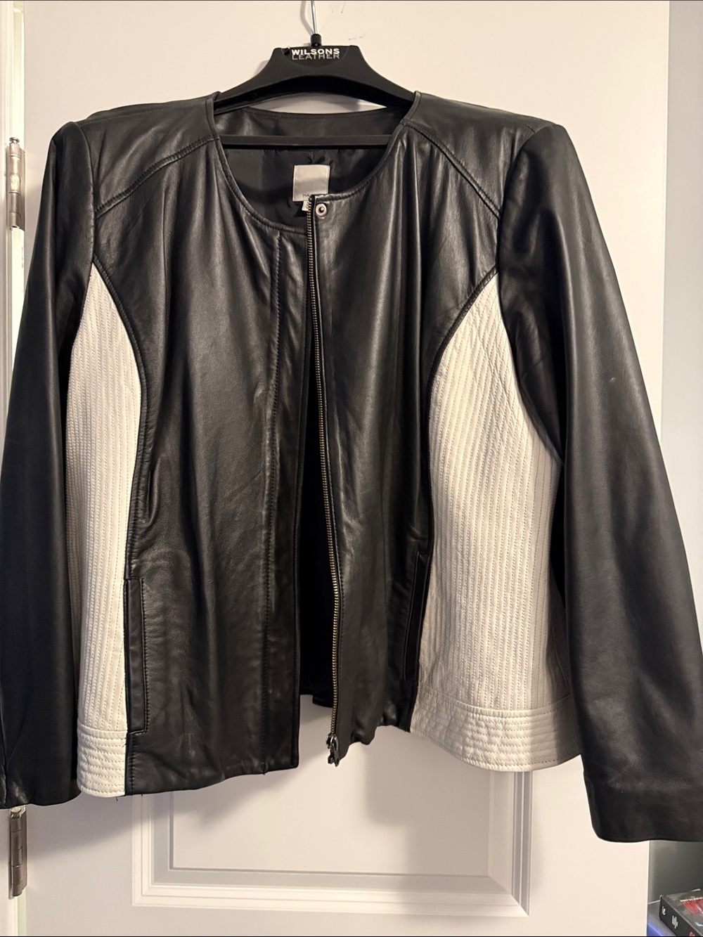 Halogen Black Leather Jacket with White Panel Accents